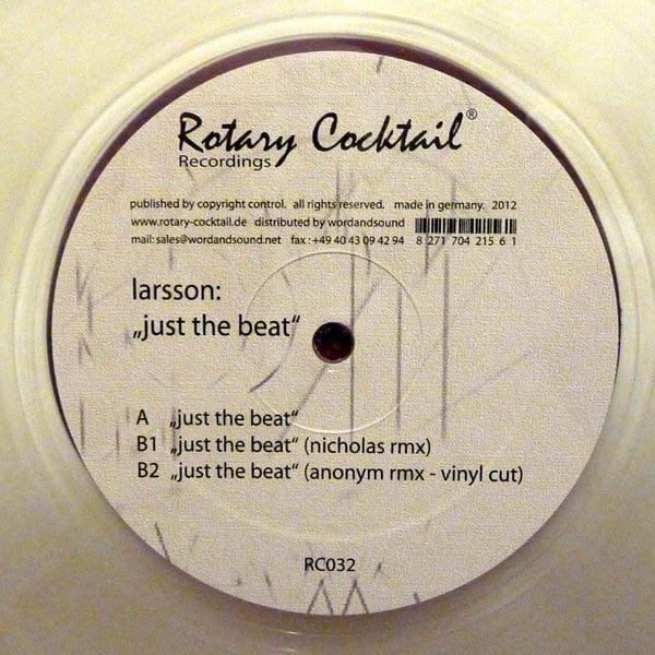 Larsson – Just The Beat (12", Clear, Rotary Cocktail Recordings, 2012) Back Cover
