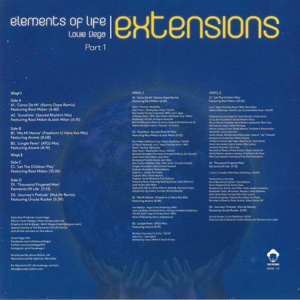Louie Vega – Elements Of Life: Extensions Part 1 (2x12", Vega Records, 2020) Back Cover