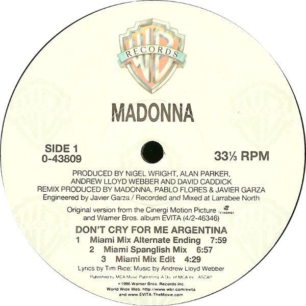 Madonna – Don't Cry For Me Argentina (12", Warner Bros. Records, 1997) Back Cover