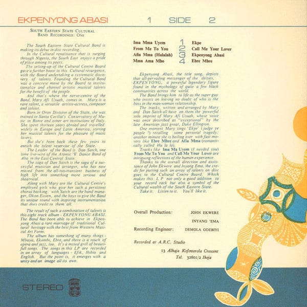 Mary Afi Usuah The South Eastern State Cultural Band – Ekpenyong Abasi (LP, Voodoo Funk, 2015) Back Cover