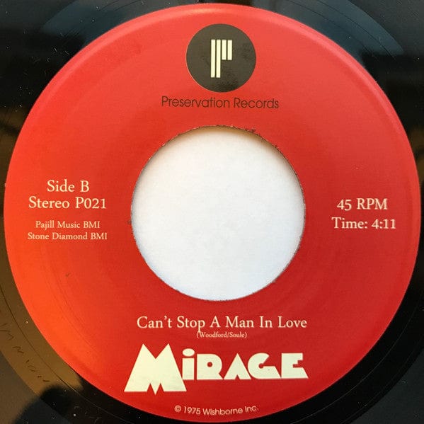 Mirage – Just Cause I'm Guilty / Can't Stop A Man In Love (7", Preservation Records, 2018) Back Cover