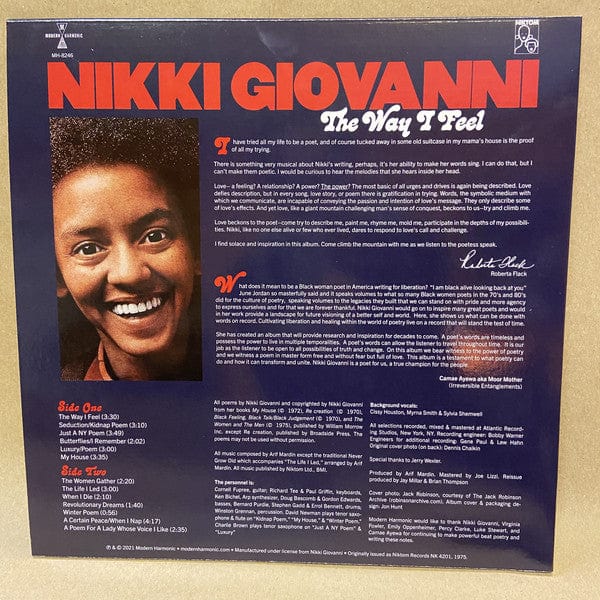 Nikki Giovanni – The Way I Feel (LP, Opaque Red, Modern Harmonic, 2021) Back Cover