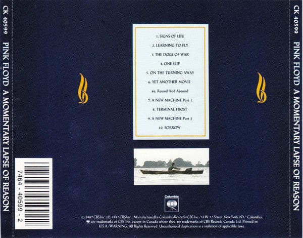 Pink Floyd – A Momentary Lapse Of Reason (CD, Columbia, 1987) Back Cover