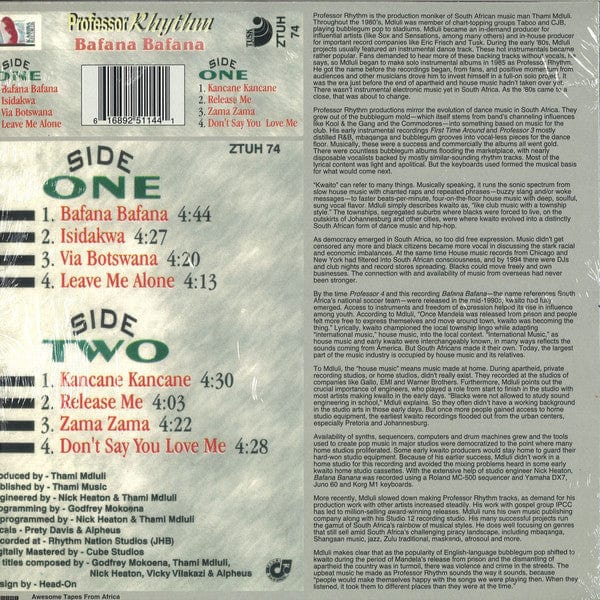 Professor Rhythm – Bafana Bafana (LP, Awesome Tapes From Africa, 2017) Back Cover