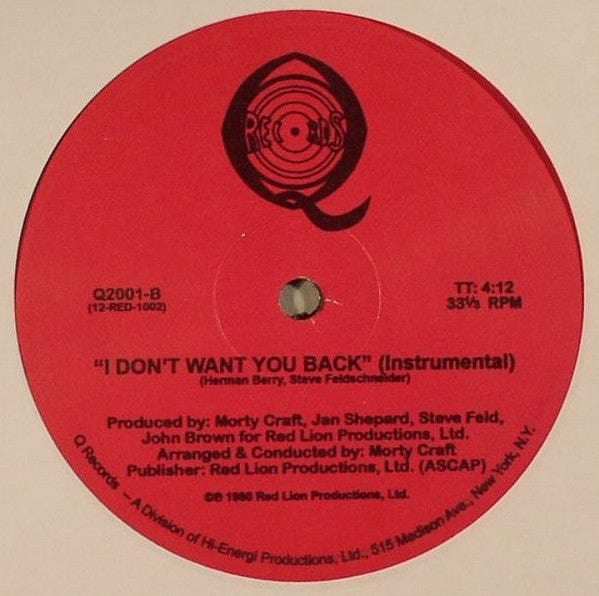 Ramona Brooks – I Don't Want You Back (12", Q Records, 2017) Back Cover