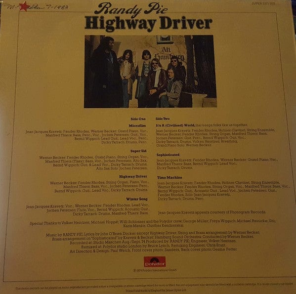 Randy Pie – Highway Driver (LP, Polydor, 1974) Back Cover
