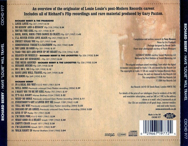 Richard Berry – Have "Louie" Will Travel - The 1956-62 Recordings (CD, Ace, 2004) Back Cover
