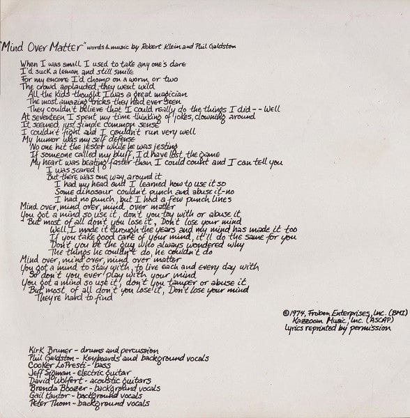 Robert Klein – Mind Over Matter (LP, Sonic Pressing, Brut Records, 1974) Image 5