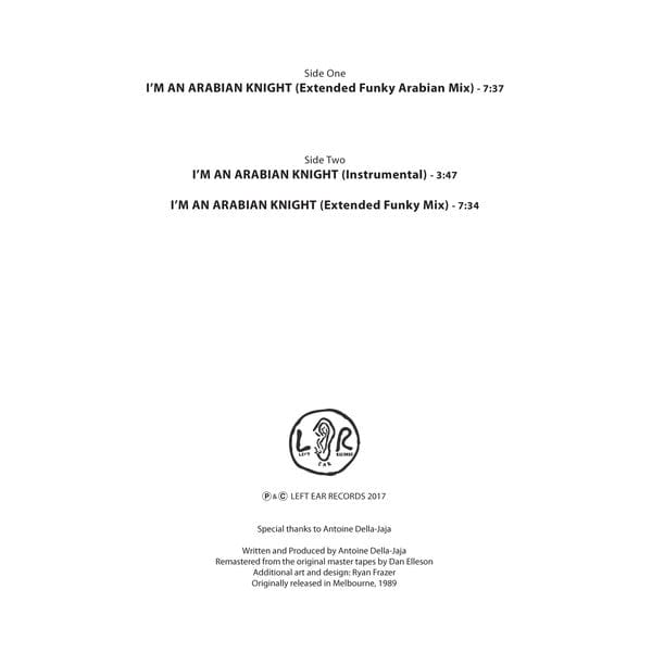 Shahara-Ja – I'm An Arabian Knight (12", Left Ear Records, 2017) Back Cover