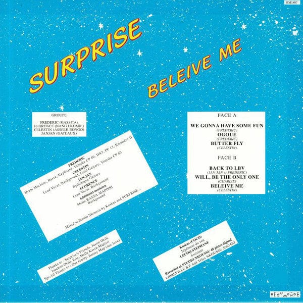 Surprise – Beleive Me (LP, BeauMonde Records, 2019) Back Cover