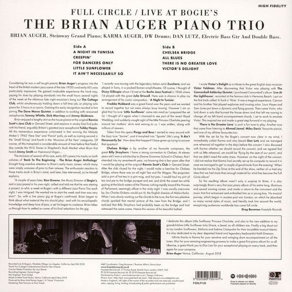 The Brian Auger Piano Trio – Full Circle Live At Bogies (LP, Freestyle Records, 2018) Back Cover