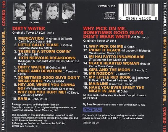 The Standells – Dirty Water / Why Pick On Me - Sometimes Good Guys Don't Wear White (CD, Big Beat Records, 1992) Back Cover