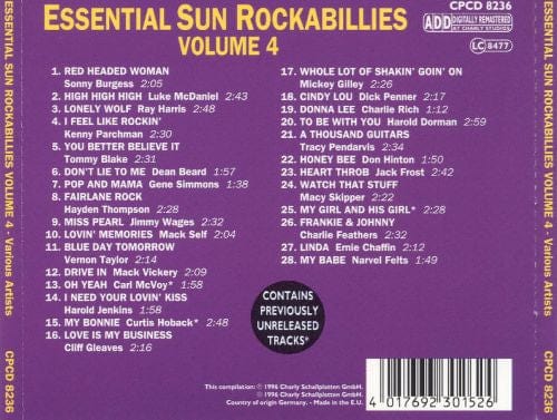 Various – Essential Sun Rockabillies, Vol. 4 (CD, Charly Records, 1996) Back Cover