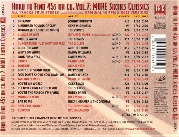 Various - Hard To Find 45s On CD, Vol. 7: More Sixties Classics (CD) Eric Records,EMI-Capitol Music Special Markets CD 730531151321