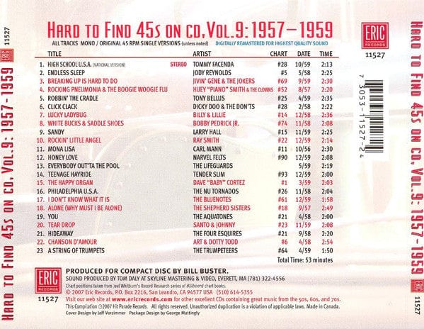 Various - Hard To Find 45s On CD Volume 9: 1957 - 1959 (CD) Eric Records CD 730531152724
