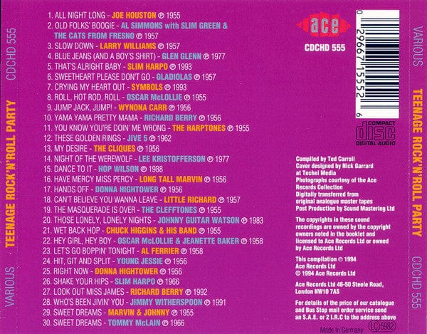 Various – "Teenage" Rock 'N Roll Party (CD, Ace, 1994) Back Cover