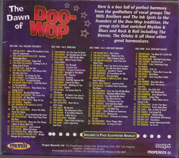 Various – The Dawn Of Doo-Wop (4xCD+Box Set, Proper Records, 2002) Back Cover