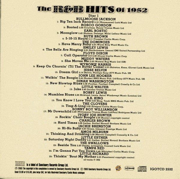 Various - The R&B Hits Of 1952 (3xCD) Indigo Recordings CD 5050361325323