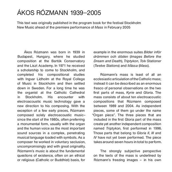 Ákos Rózmann : Mass / Mässa (1988 - 2004) (7xCD + Box)