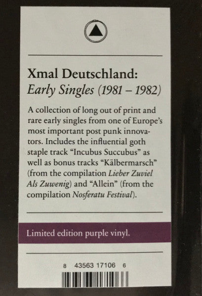 Xmal Deutschland – Early Singles (1981 - 1982) (LP, Purple Opaque, Sacred Bones Records, 2024) Image 3