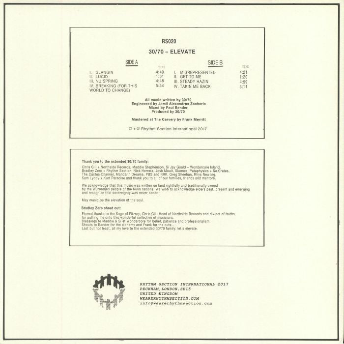 30/70 – Elevate (12", Rhythm Section International, 2017) Back Cover