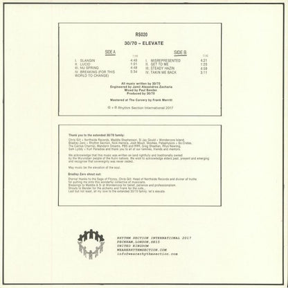 30/70 – Elevate (12", Rhythm Section International, 2017) Back Cover