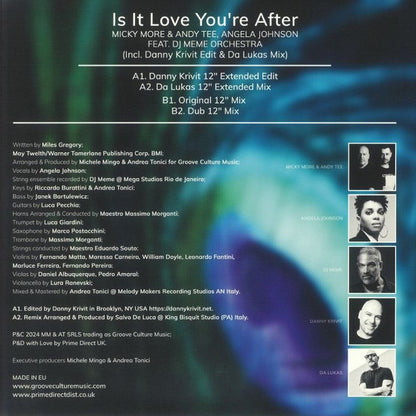 Micky More & Andy Tee Angela Johnson DJ Meme Orchestra – Is It Love You're After (12", Groove Culture Music, 2024) Back Cover