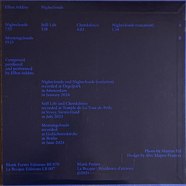 Ellen Arkbro – Nightclouds (LP, Blank Forms Editions, 2025) Back Cover