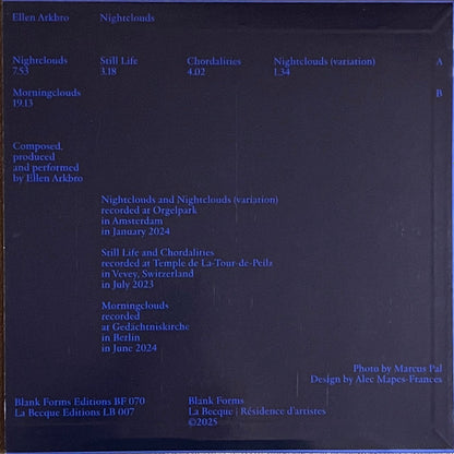 Ellen Arkbro – Nightclouds (LP, Blank Forms Editions, 2025) Back Cover