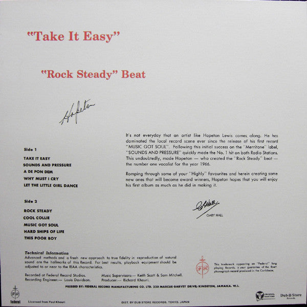 Hopeton Lewis : "Take It Easy" With The "Rock Steady" Beat (LP, Album, RE)