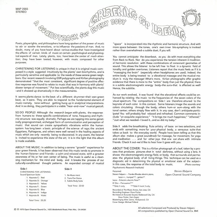 Steven Halpern – Christening For Listening (A Soundtrack For Every Body) (LP, Aartrud, 2019) Back Cover
