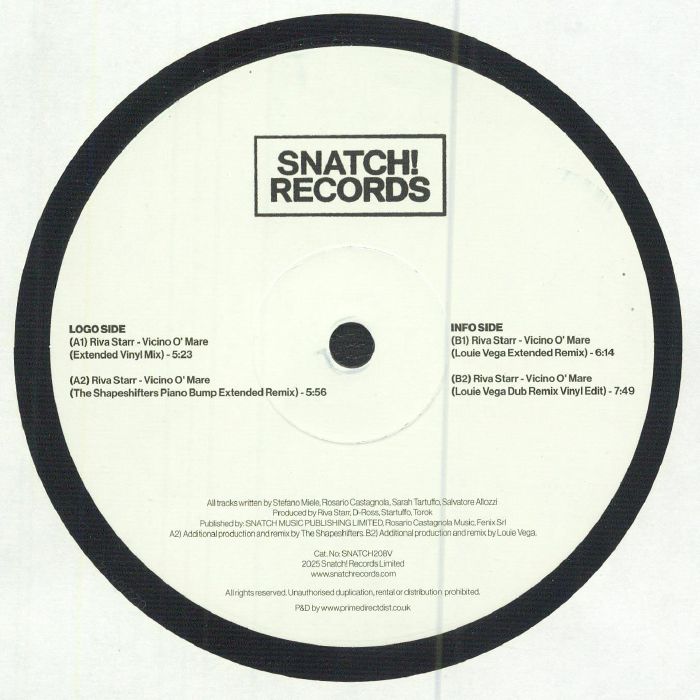 Riva Starr –  Vicino O' Mare (12", Snatch! Records, 2025) Back Cover
