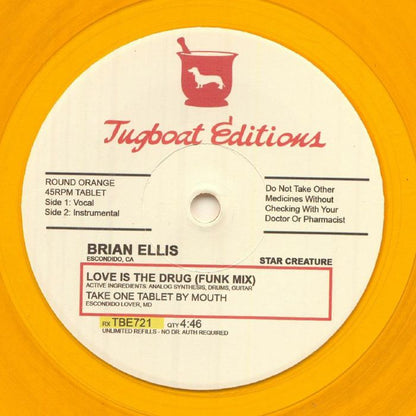 Brian Ellis – Love Is The Drug (Funk Mix) (7", Transparent Orange, Star Creature, 2025) Front Cover