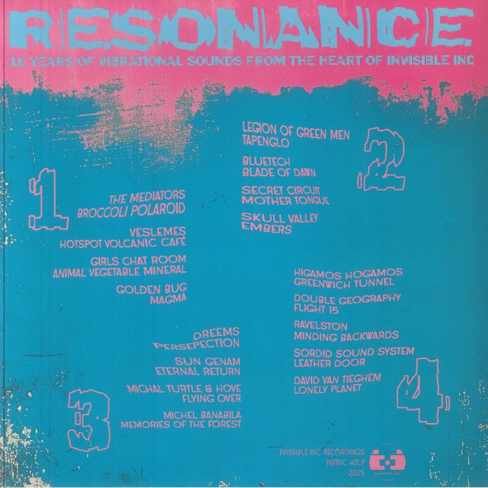 Various – Resonance: 10 Years Of Vibrational Sounds From The Heart Of Invisible Inc (2xLP, Fluorescent Transparent Pink, Invisible, Inc., 2025) Back Cover