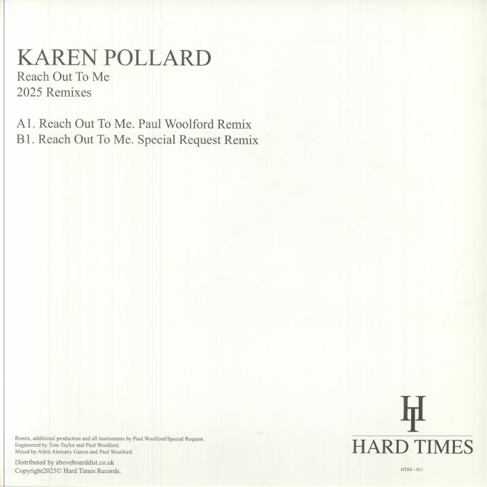 Karen Pollard – Reach Out To Me (2025 Remixes) (12", Hard Times, 2025) Back Cover