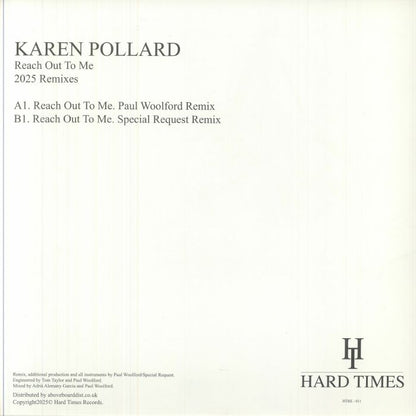Karen Pollard – Reach Out To Me (2025 Remixes) (12", Hard Times, 2025) Back Cover