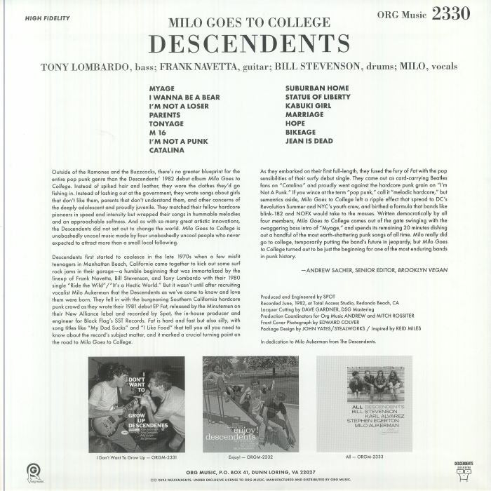 Descendents – Milo Goes To College (LP, ORG Music, 2025) Back Cover