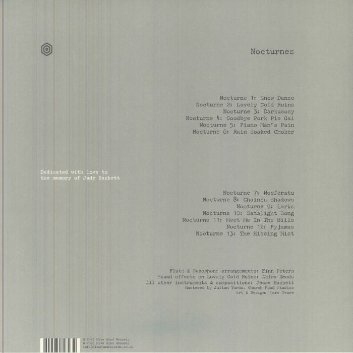 Jesse Hackett – Nocturnes (LP, Hive Mind Records, 2026) Back Cover