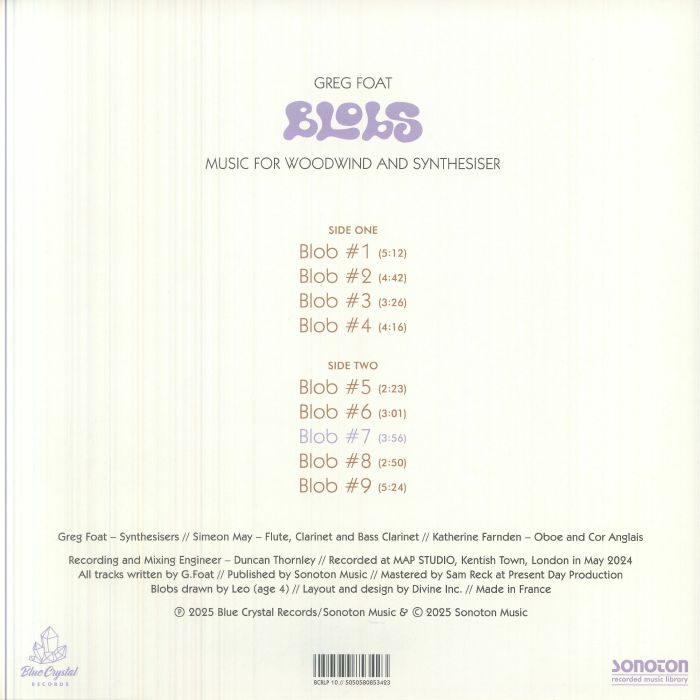 Greg Foat – Blobs (LP, Blue Crystal Records, 2026) Back Cover