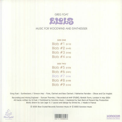 Greg Foat – Blobs (LP, Blue Crystal Records, 2026) Back Cover