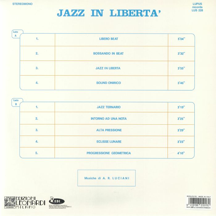 A. R. Luciani – Jazz In Libertà (LP, Edizioni Redi, 2026) Back Cover