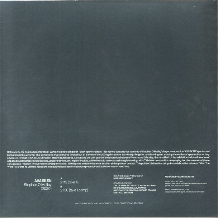 Stephen O'Malley – Avaeken (LP, Transparent Clear, Dais Records, 2026) Back Cover