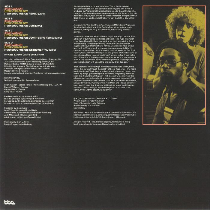 Brian Jackson – Little Orphan Boy (Two Soul Fusion Remixes) (2x12", BBE, 2022) Back Cover