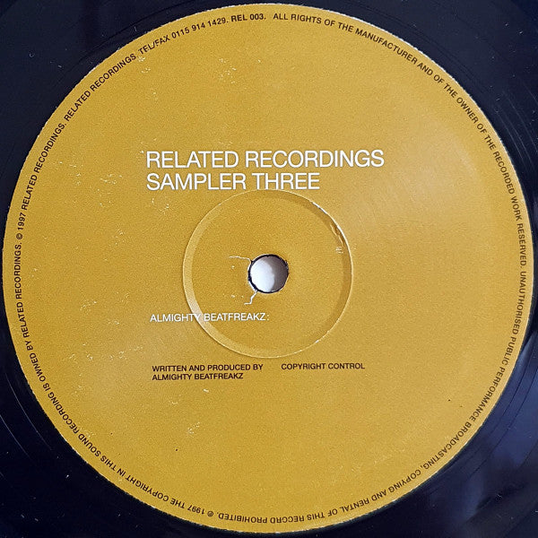 Manitou / Almighty Beatfreakz – Related Recordings Sampler Three (10", Related, 1998) Back Cover
