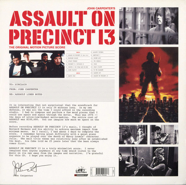 John Carpenter – Assault On Precinct 13 (The Original Motion Picture Score) (LP, Record Makers, 2003) Image 3