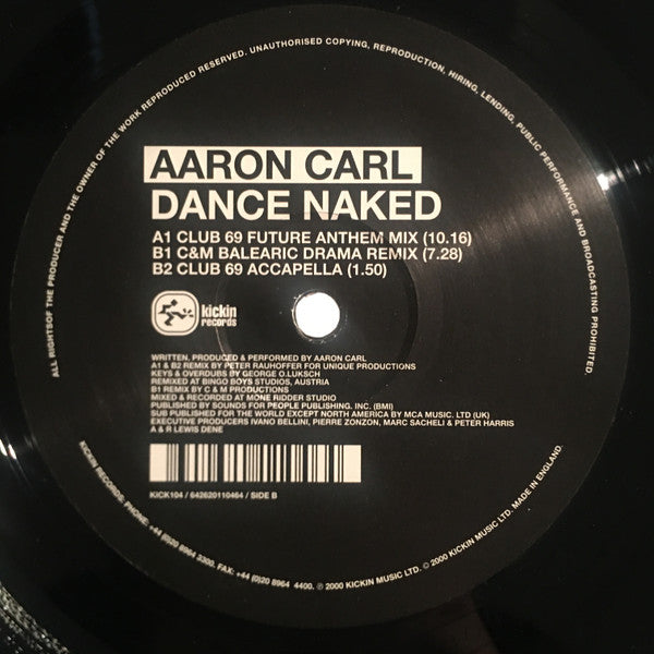 Aaron-Carl – Dance Naked (Mixes) (12", Kickin Records, 2000) Image 4