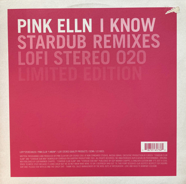 Pink Elln – I Know (Stardub Remixes) (12", Lo-Fi Stereo, 2001) Back Cover