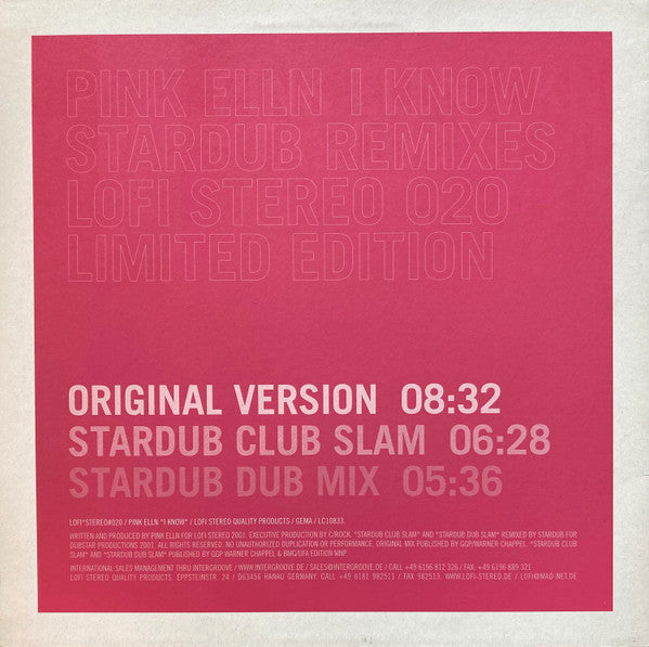 Pink Elln – I Know (Stardub Remixes) (12", Lo-Fi Stereo, 2001) Front Cover