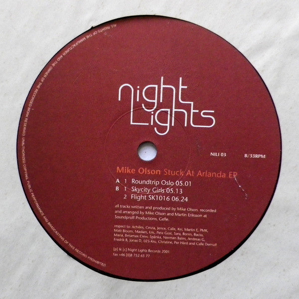 Mike Olson – Stuck At Arlanda EP (12", Night Lights Records, 2001) Back Cover