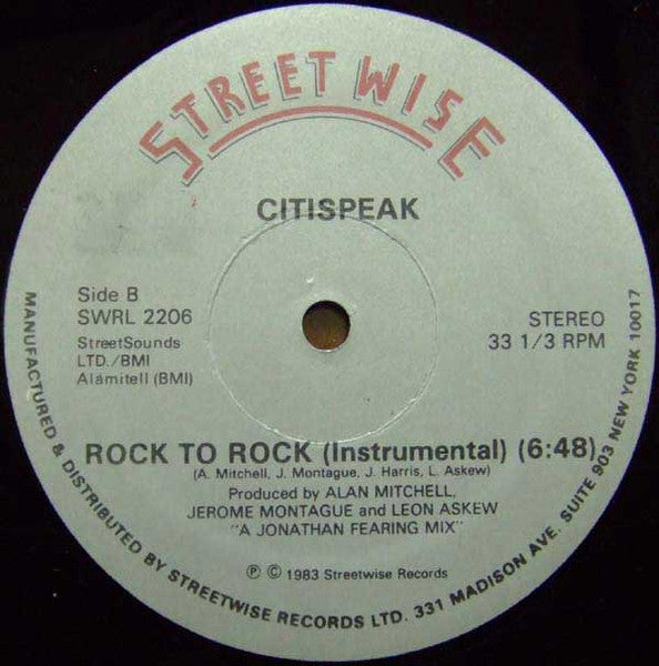 Citispeak – Rock To Rock (12", Streetwise, 1983) Back Cover